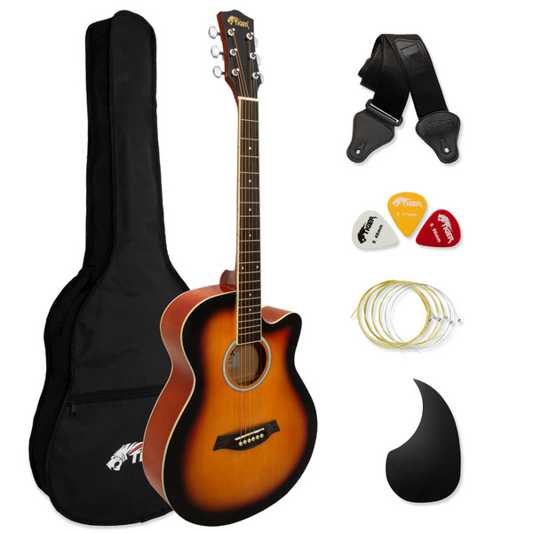 Tiger Full Size Beginners Acoustic Guitar Pack, Bag, Strap & Strings - Sunburst
