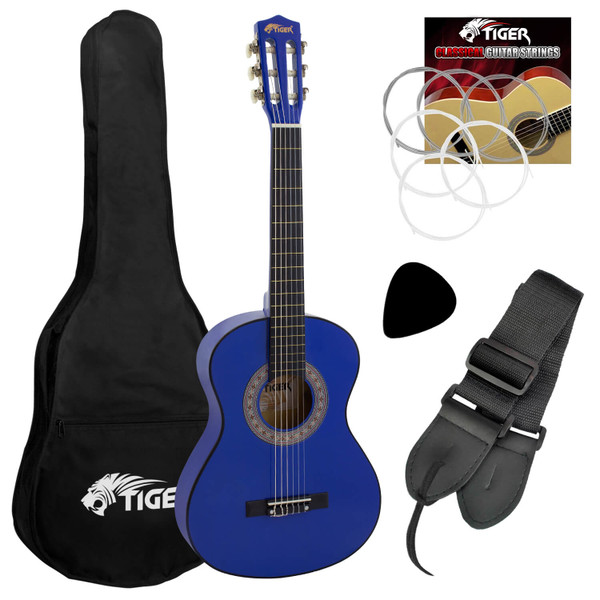Tiger 3/4 Size Childrens Classical Guitar Pack with Gig Bag, Strap & Picks- Blue