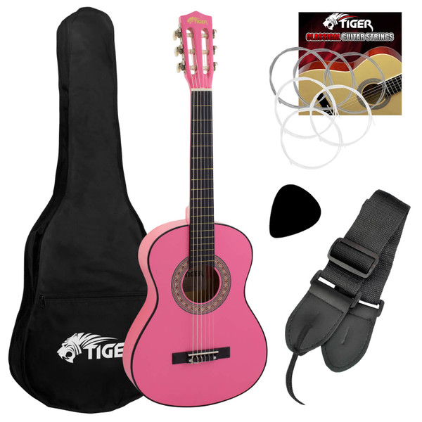 Tiger 3/4 Size Childrens Classical Guitar Pack with Gig Bag, Strap & Picks- Pink