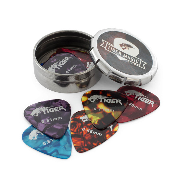 Tiger 12 Celluloid Guitar Picks & Pick Tin - Variety of Gauges