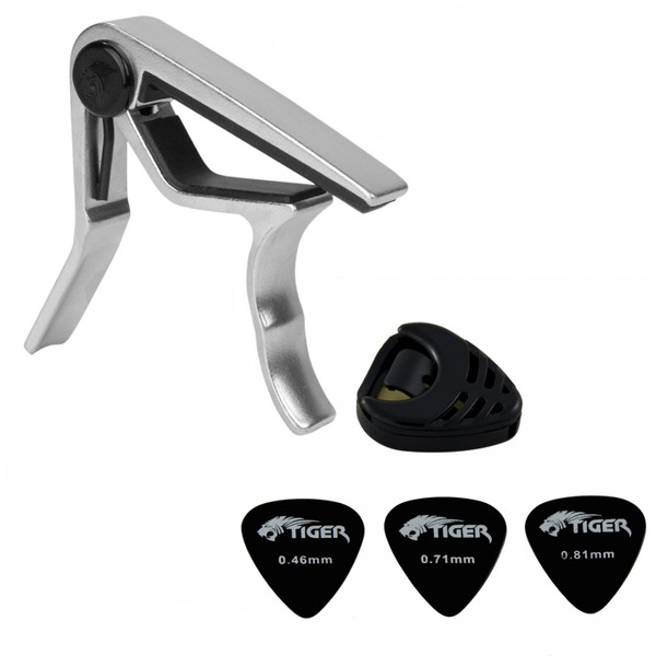 Tiger Universal Trigger Guitar Capo in Chrome with Guitar Plectrums