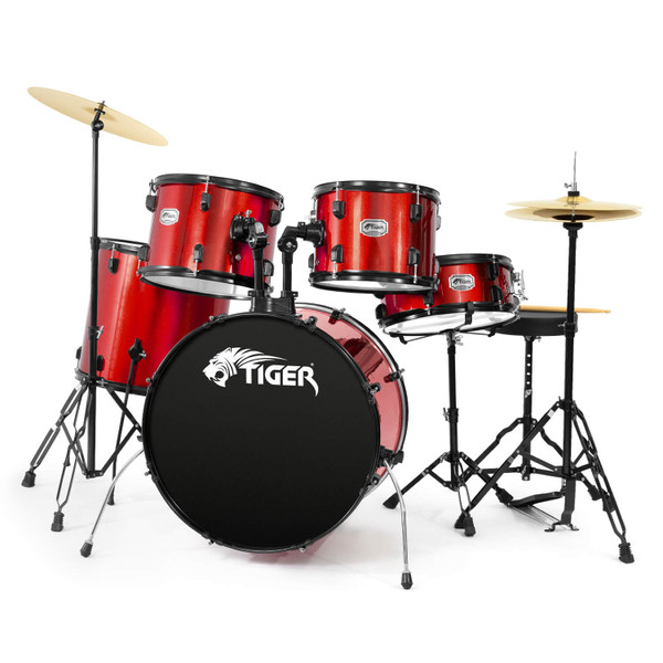 Tiger Full Size Acoustic Drum Kit, 5 Piece Drum Set with Stands & Cymbals Red
