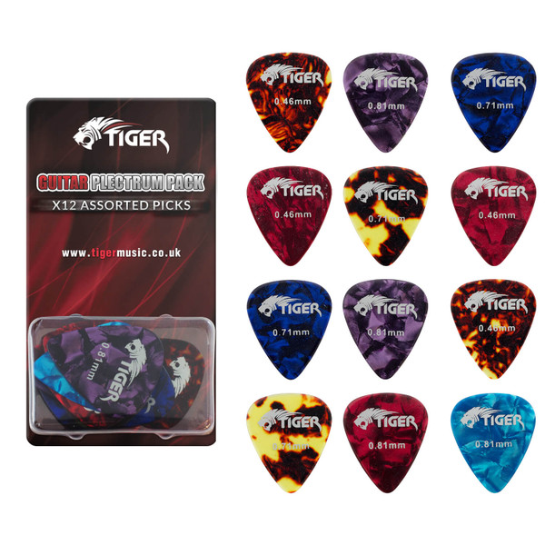 Tiger Celluloid Guitar Picks - Pack of 12 - Variety of Gauges