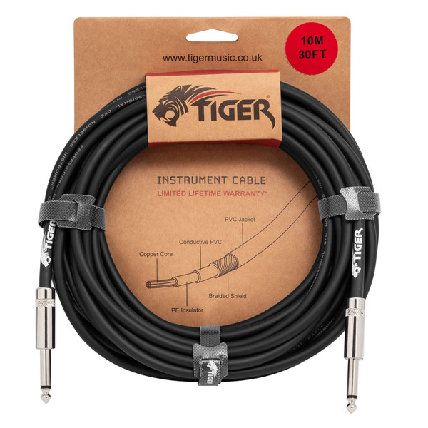 Tiger 10 Metre, 33 Foot - 6.3mm 1/4 Inch Jack to Jack Guitar Instrument Cable 
