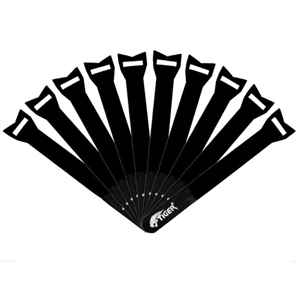 Tiger Reusable Hook and Loop Cable Ties - Black (Pack of 10)
