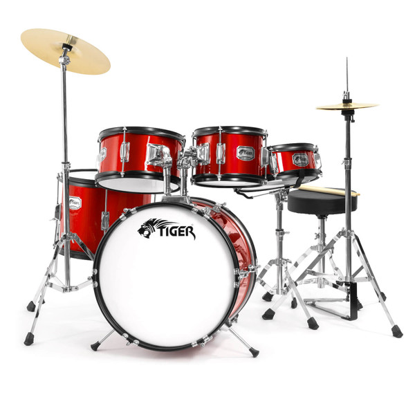 Tiger 5 Piece Junior Drum Kits - Drum Sets for Kids With 6 Months Free Lessons - Red