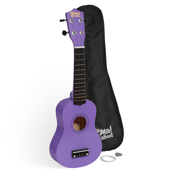 Mad About Purple Soprano Beginners Ukulele Starter Pack including a protective gig bag, spare strings and plectrum. Complete beginner ukulele set for children, students and first-time players.