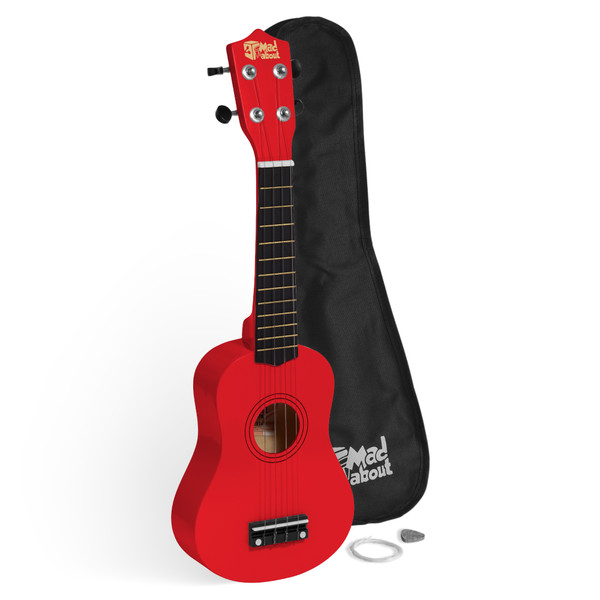 Mad About Red Soprano Beginners Ukulele Starter Pack including a protective gig bag, spare carbon strings and plectrum. Complete beginner ukulele set for children, students and first-time players.