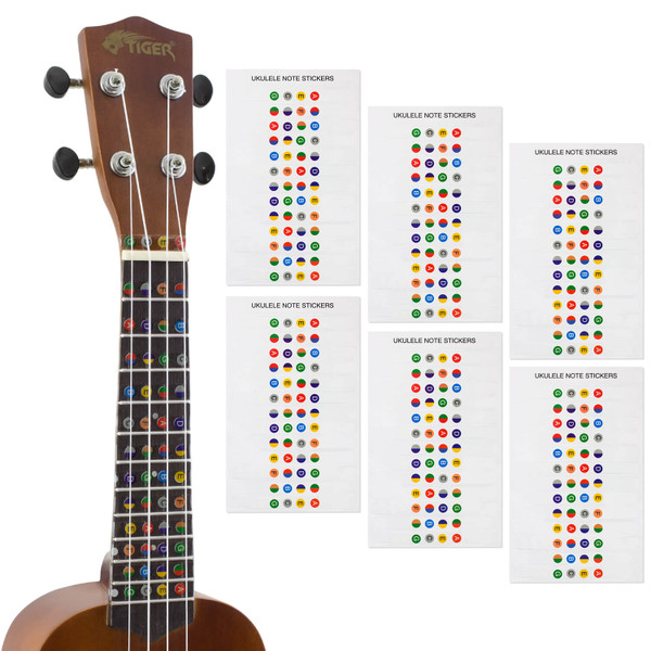 Tiger Ukulele Note Sticker - Colour Coded Fretboard Stickers - 6 Pack