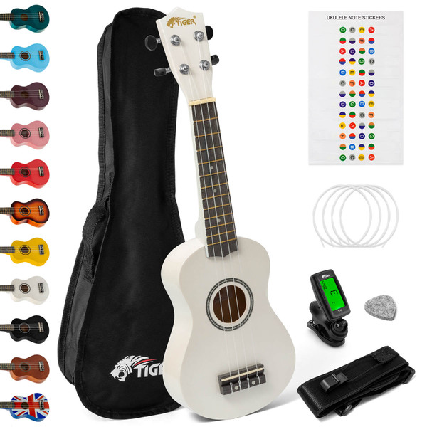 Tiger Soprano Ukulele Beginners Pack - Tuner, Strap, Bag, Pick, Strings - White