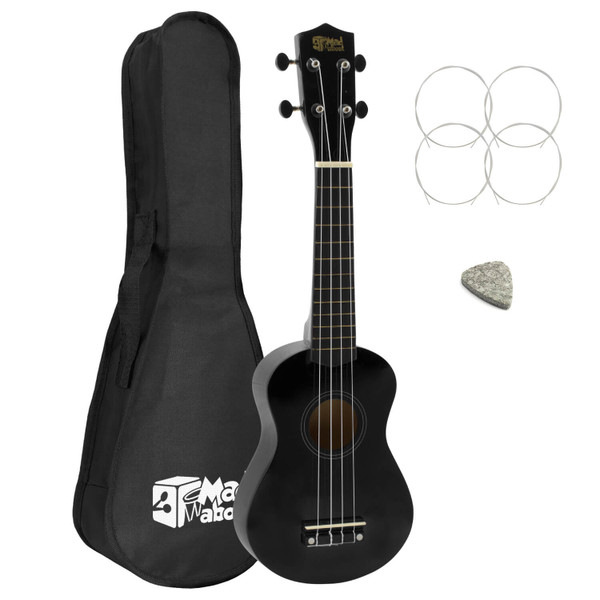 Mad About Left Handed Soprano Ukulele - Black with Bag, Felt Pick, Spare Strings