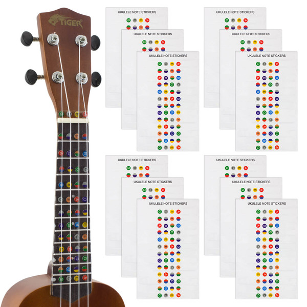 Tiger Ukulele Note Sticker - Colour Coded Fretboard Stickers - 12 Pack