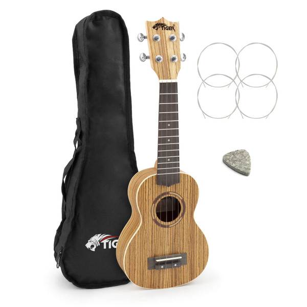 Tiger Zebrawood Soprano Ukulele with Carbon Strings, Bag, Spare Strings & Pick