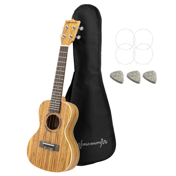 Concert Ukulele by World Rhythm, 23 inch Concert Uke with Bag, Picks - Zebrawood