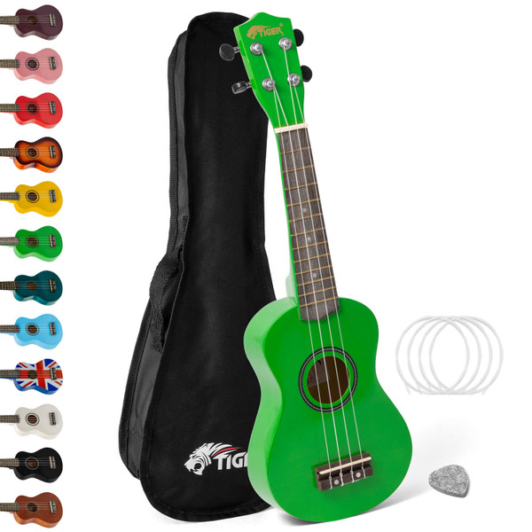 Tiger Soprano Beginners Ukulele with Gig Bag, Felt Pick & Aquila Strings - Green