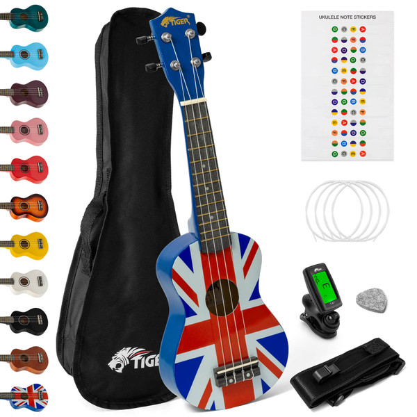 Tiger Soprano Ukulele Starter Pack- Tuner, Strap, Bag, Pick, Strings- Union Flag