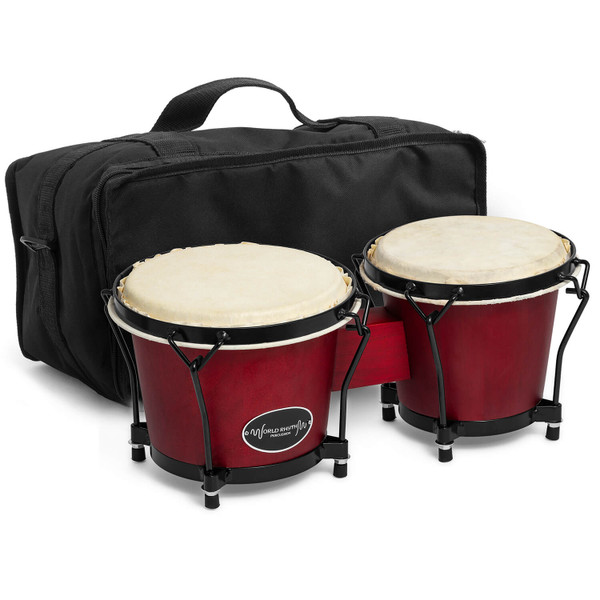World Rhythm 6" & 7" Beginners Oak Bongo Drums - Wine Red Bongos with Padded Bag