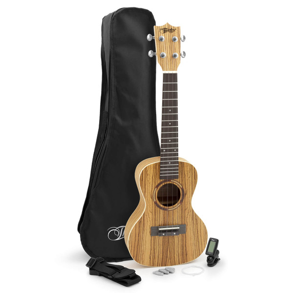 Theodore Zebrawood Concert Ukulele with Tuner, Bag, Strap, Picks & Spare Strings