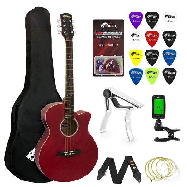 Tiger Beginners Electro Acoustic Guitar Package - Red with 6 Months FREE Lessons