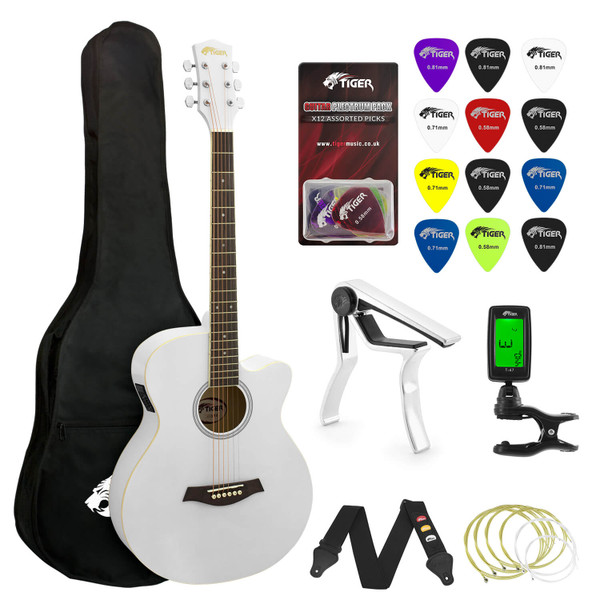 Tiger Beginners Electro Acoustic Guitar Package - White with 6 Months FREE Lessons
