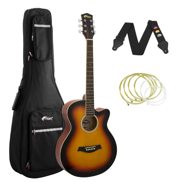 Tiger Sunburst Acoustic Guitar Pack for Students with Padded Bag