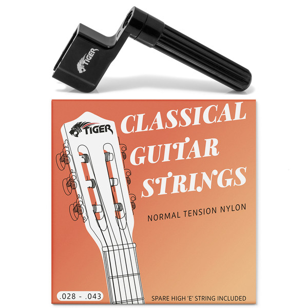 Tiger Classical Guitar Strings and String Winder Pack with black string winder and classical guitar string set packaging, normal tension nylon strings