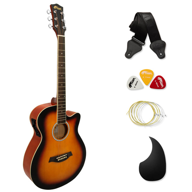 Tiger Sunburst Electro Acoustic Guitar for Beginners with 6 Months FREE Lessons