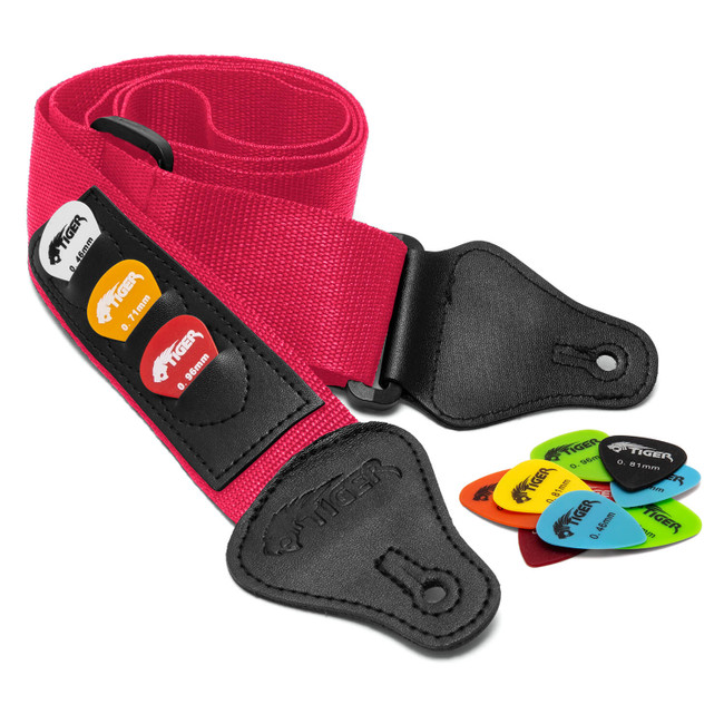 Tiger Pink Guitar Strap and 12 Free Picks