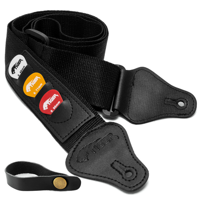 Tiger Black Guitar Strap with Acoustic, Classical Guitar Neck Tie & Picks