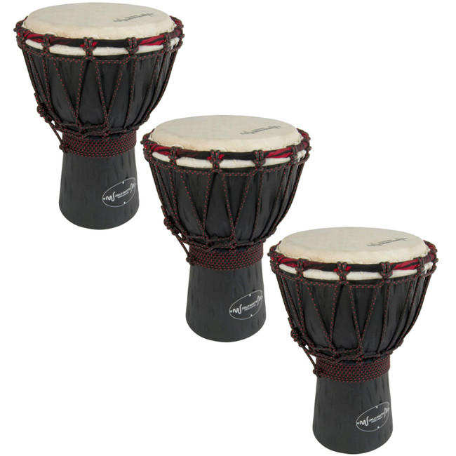 World Rhythm 3 Pack of 30cm Wooden Djembe Drums - 6" Djembe head