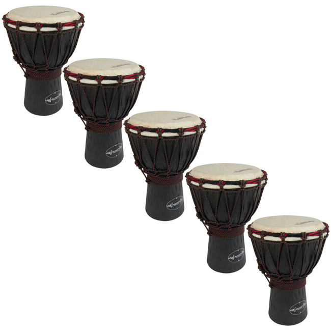 World Rhythm 5 Pack of 30cm Wooden Djembe Drums - 6" Djembe head