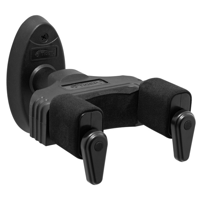 Guitar Wall Hanger, Self-Locking with Soft Padded Frame and Pivoting Yoke - Tiger