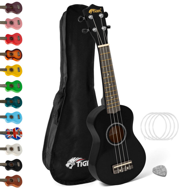 Tiger Soprano Beginners Ukulele with Gig Bag, Felt Pick & Aquila Strings - Black
