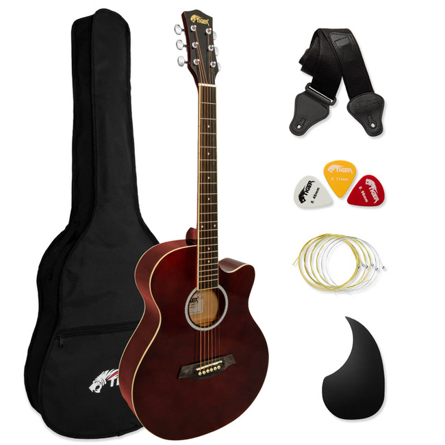 Tiger Full Size Acoustic Beginners Guitar Pack, with Bag, Strap & Strings - Red