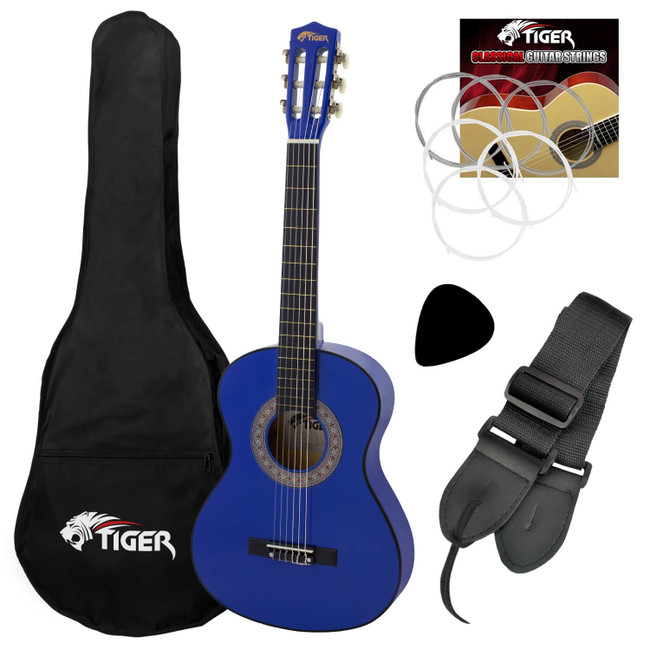 Tiger Left Handed 3/4 Size Childs Classical Guitar Package 9 - 11 Years - Blue