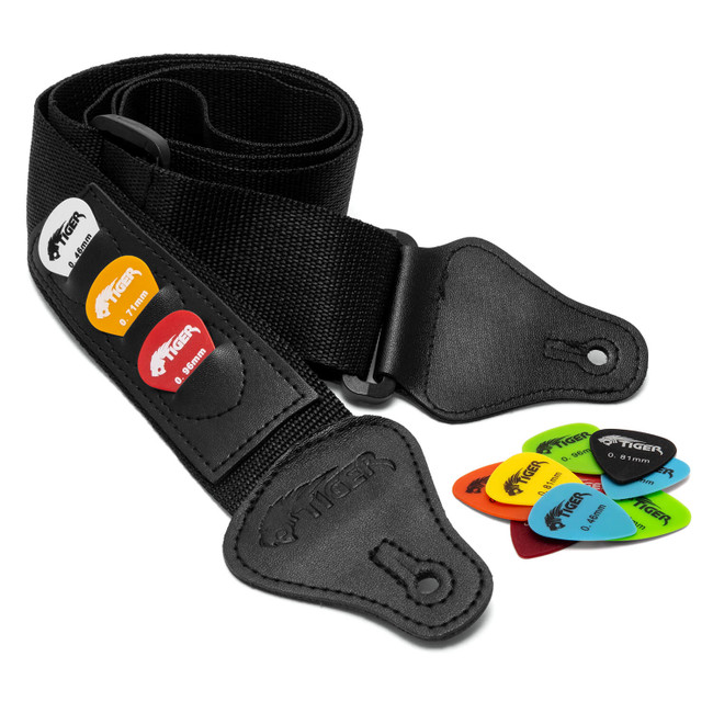 Tiger Black Guitar Strap and 12 Free Picks