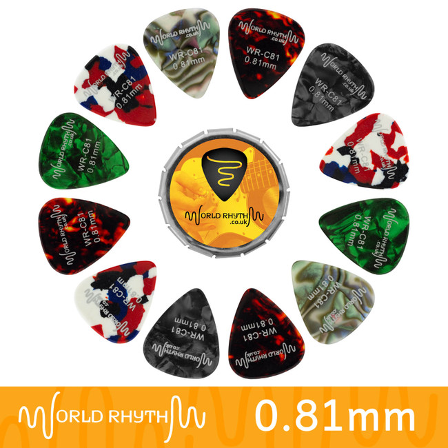 0.81mm Celluloid Guitar Picks & Tin by World Rhythm - 12 Guitar Plectrums