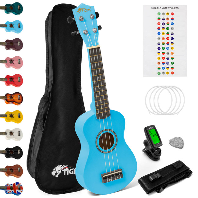 Tiger Soprano Ukulele Beginners Pack - Tuner, Strap, Bag, Pick, Strings - Blue