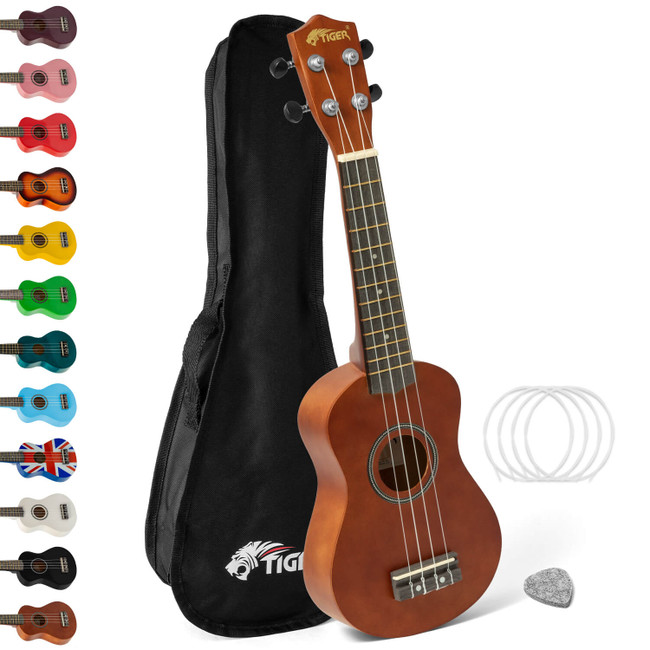 Tiger Soprano Ukulele Beginners Pack - Tuner, Strap, Bag, Pick, Strings- Natural