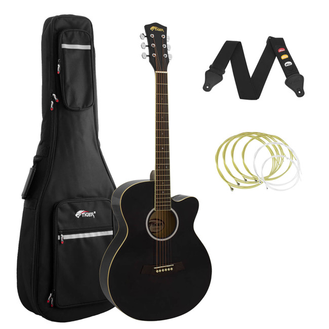 Tiger Black Acoustic Guitar Pack for Students with Padded Bag