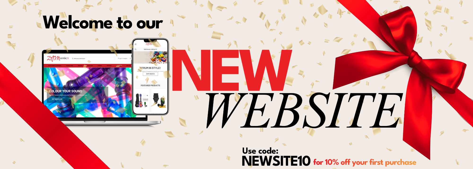 Promotional banner for DM Music announcing a new website launch. The design features a laptop and smartphone displaying the website, a large red ribbon and bow on the right, and gold confetti in the background. Text reads: &#039;Welcome to our NEW WEBSITE&#039; and