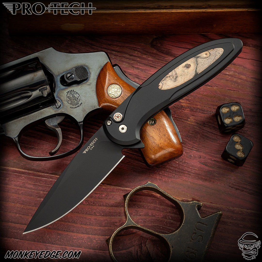 Monkey Edge - Pro-Tech Knives: Cambria 2 - Black/Black w/Maple