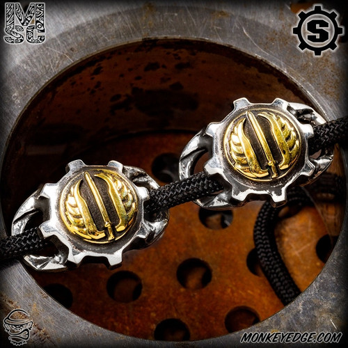 Starlingear Boot Lacers: Gears with Strider Knives Logo - Silver/Brass (Set of 2)