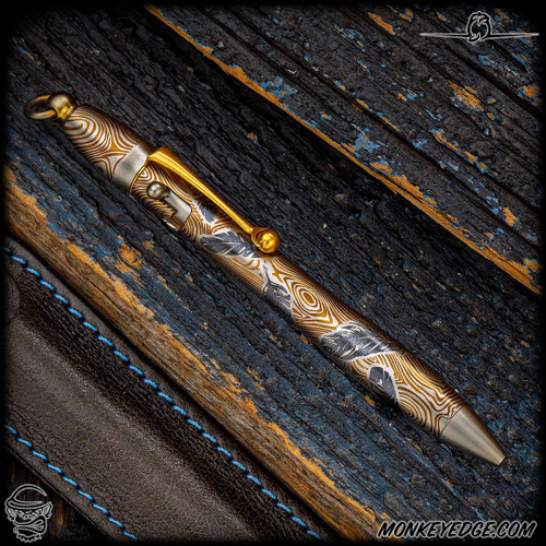 Dmitry Streltsov Pen: Amelia - Titanium Damask Quill Engraved Bronze/Blue