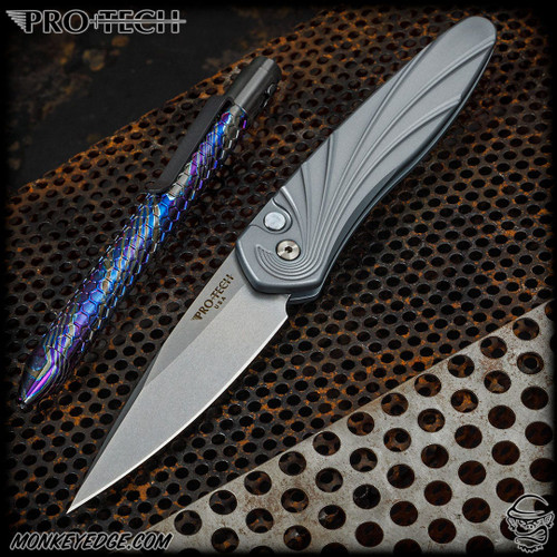Pro-Tech Knives: Newport - Stonewashed/Grey w/ Mother of Pearl Inlay