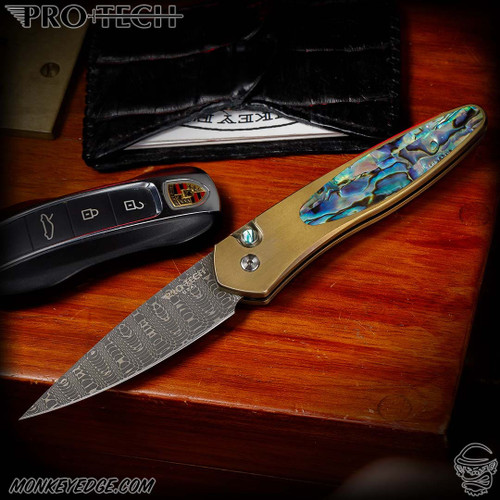 Pro-Tech Knives Custom: Newport - Damascus/Gold Anodized Titanium w/Abalone Inlay