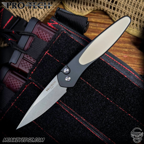 Pro-Tech Knives: Newport Tuxedo - Stonewashed/Black w/Ivory Micarta Inlay