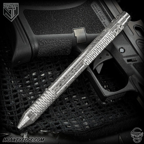 Nottingham Tactical Pen: Standard - Damasteel w/Milled Clip - Carved Grip - Single Lock
