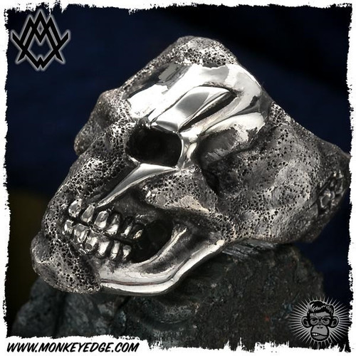Ace Metal Works Ring: Ace Rough Cut Bolt Skull Large - Silver Textured
