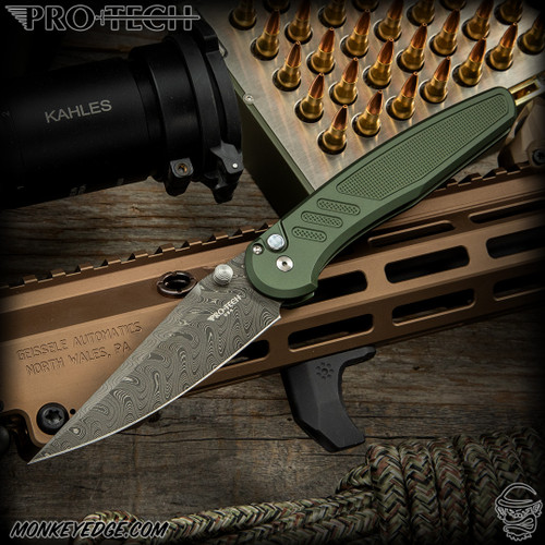 Pro-Tech Knives: Avalon Custom (Peace Neighbor Design) - Damascus/Green Knurled - Blade Show